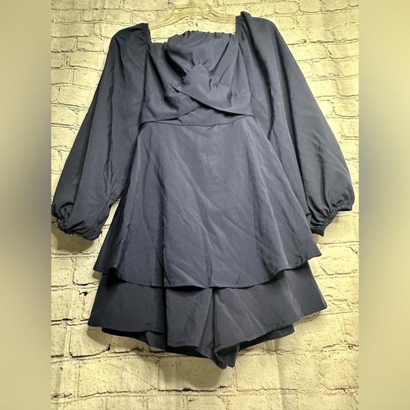 Romper Long Sleeve Off Shoulder Ruffle Chiffon Shorts Medium Navy Blue Boho Zip - Picture 11 of 11
